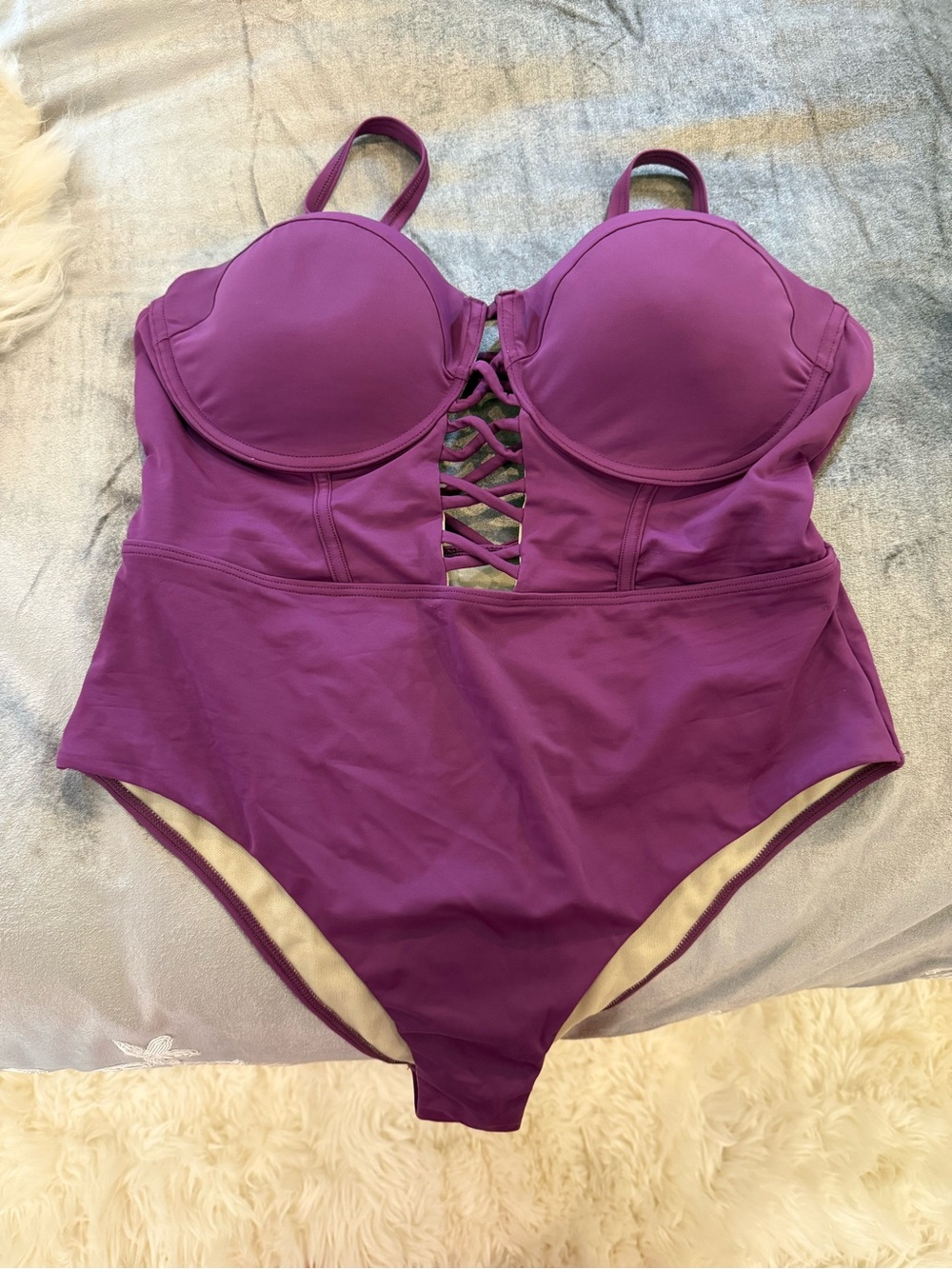 Swimsuits For All Plunge Purple One-Piece Swimsuit w/ Lace-Up Front Size 16
